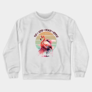 Eat Sleep Beach Repeat Pink Flamingo Retro Sunset Watercolor Art Crewneck Sweatshirt